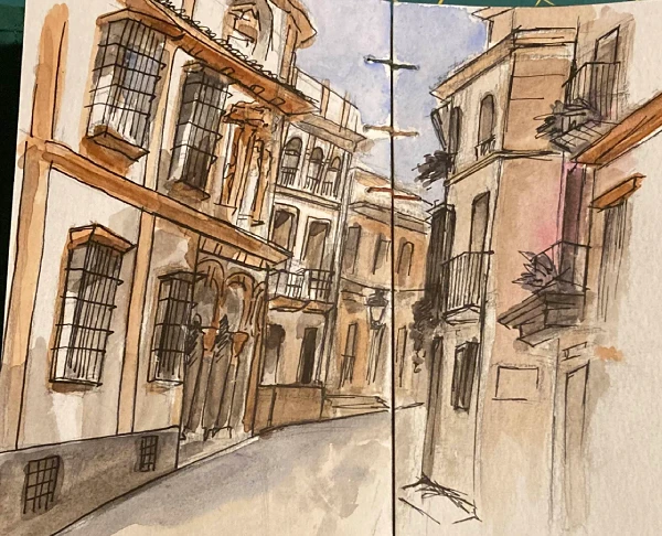 Watercolor/urban sketching spread