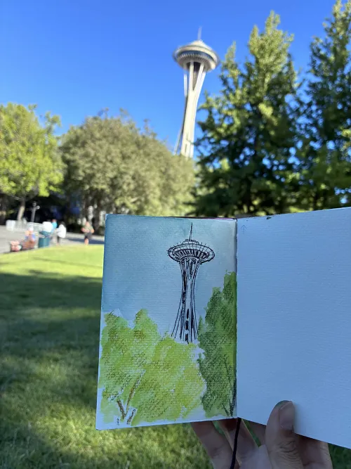 Drawing of the Space Needle with ink and Neocolors