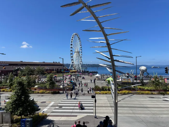 A photo of the Seattle Wheel and Pier 57 from Pike Street